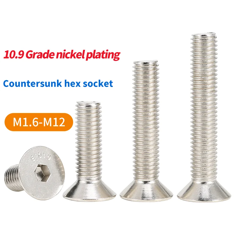 Class 10.9 High Strength Nickel Plated Countersunk Hexagon Socket Screws Flat Head M2 M2.5 M3 M4 M5
