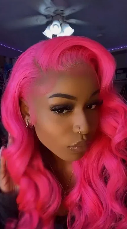 Sexy Long Body Wave Rose Pink Wig Lace Front Wig Women 26