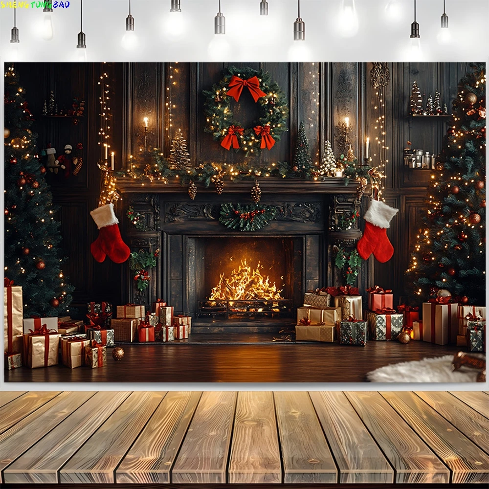 Festive New Year Background Homely Atmosphere Fireplace With Christmas Tree Presents Wreath Archway Photography Backdrops DC-21