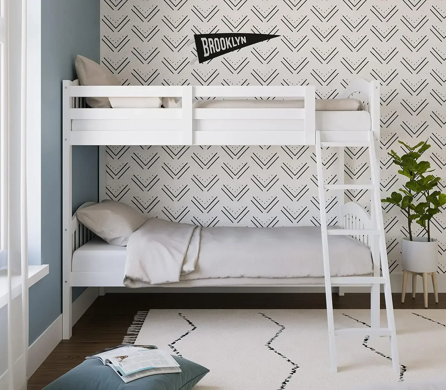 [أفضل بائع، اشترِ الآن! ]سرير بطابقين مزدوج على شكل قرن طويل (أبيض) - معتمد من GREENGUARD Gold، يتحول إلى سريرين فرديين مزدوجين