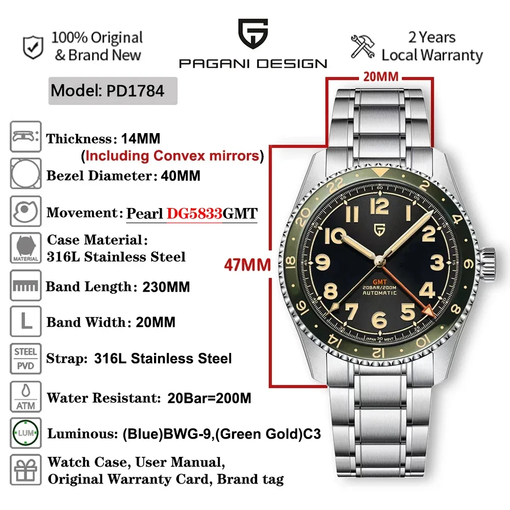 2026 New PAGANI DESIGN Fashionable Men's 14mm Automatic Mechanical Watch Waterproof 20bat Sapphire Stainless Steel Reloj Hombre