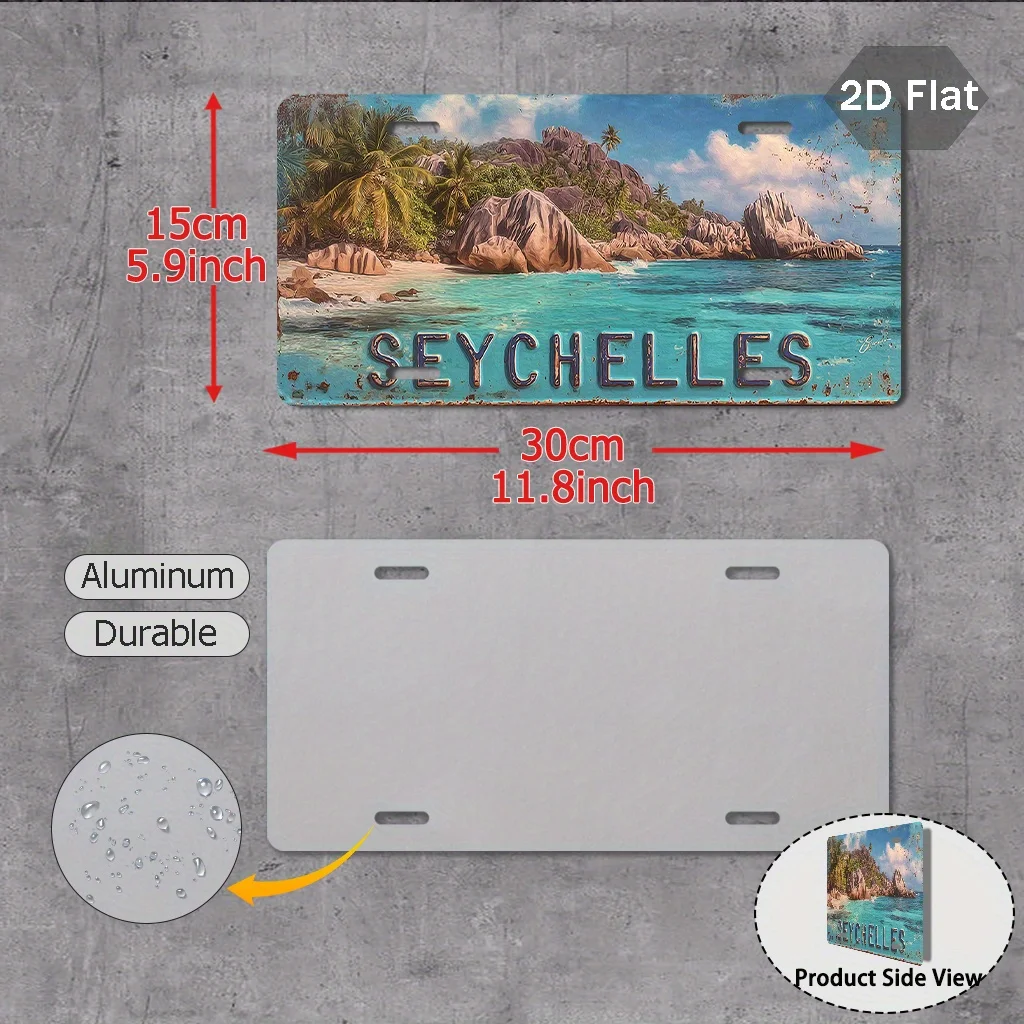 2D Flat, 1pc Vintage Seychelles Metal Sign - Tropical Island Wall Decor with Blue Sea & Rock Coastline - Large 29.97X14.99cm - D
