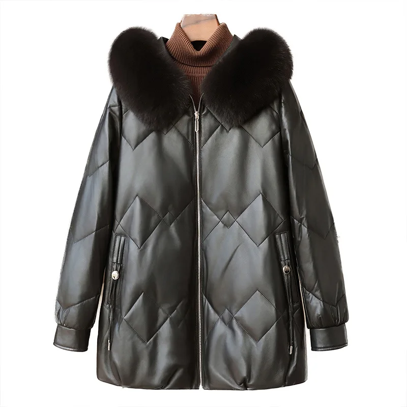 Piumino con cappuccio in vera pelle di alta qualità nuovo primavera con collo in pelliccia di volpe Piumino d'oca da donna 2025