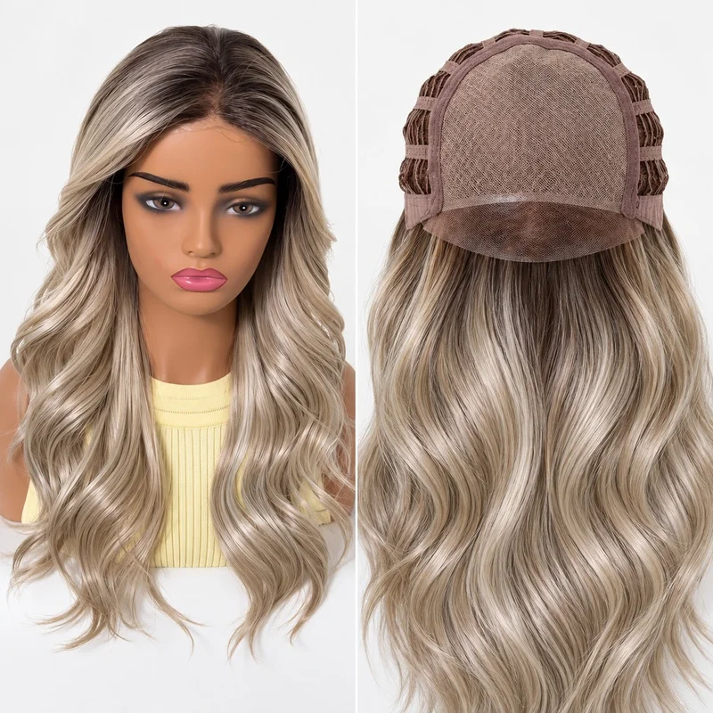 Hand Tied Mono Lace Wig for Women Free Parting Long Wavy Ash Blonde Dark Roots Imported Fiber Full Wig