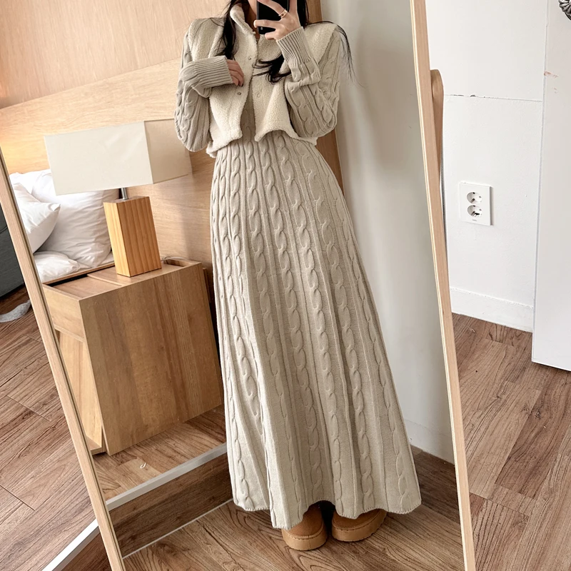 Chic Korean Autumn Winter Knitted Long Sweater Dress Elegant Women Round Collar Twisted Thick Warm Loose A Line Maxi Vestidos