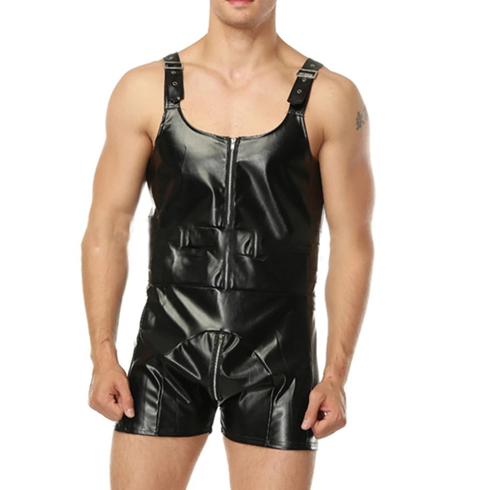 Men Leotard Bodysuit Sexy Sleeveless Faux Patent Leather Wet Look Zip Jumpsuit Clubwear Intimates Night Club Fantasy Erotic Wear