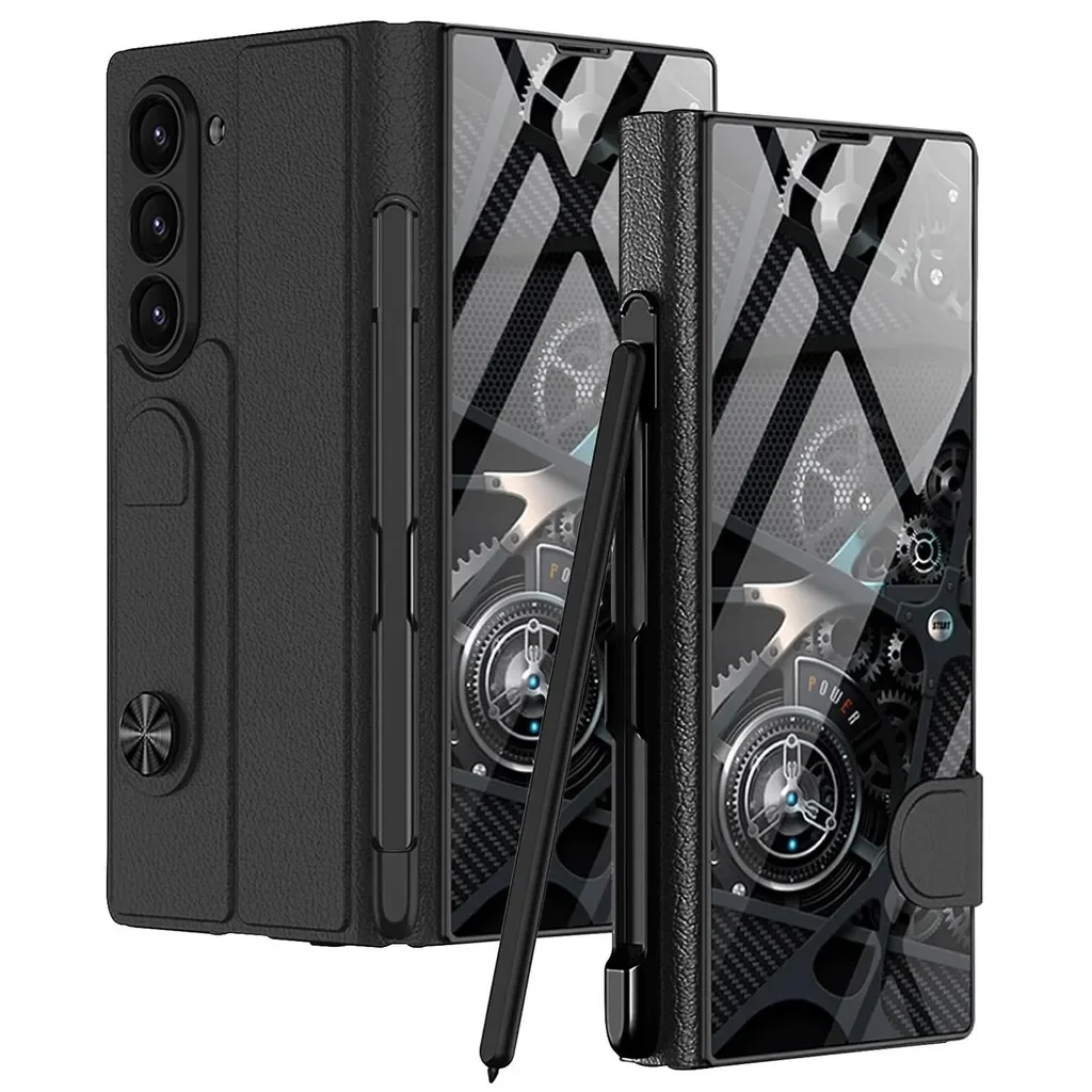 

Стеклянный раскладной кожаный чехол для телефона Samsung Galaxy Z Fold 6, держатель для ручки S, защитная пленка из закаленного стекла, защита шарнира