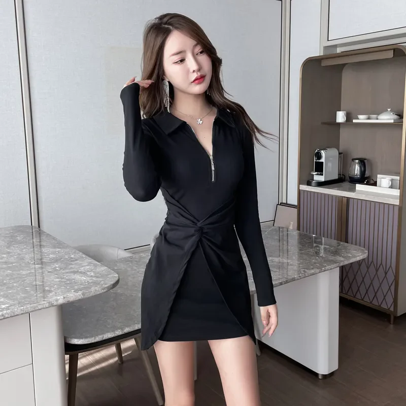 

Autumn Cinched Waist Design That Covers Belly Appears Slim A Slim Fit Dress Nique Sexy POLO Hip Hugging Wrap Hips Dress Zipper