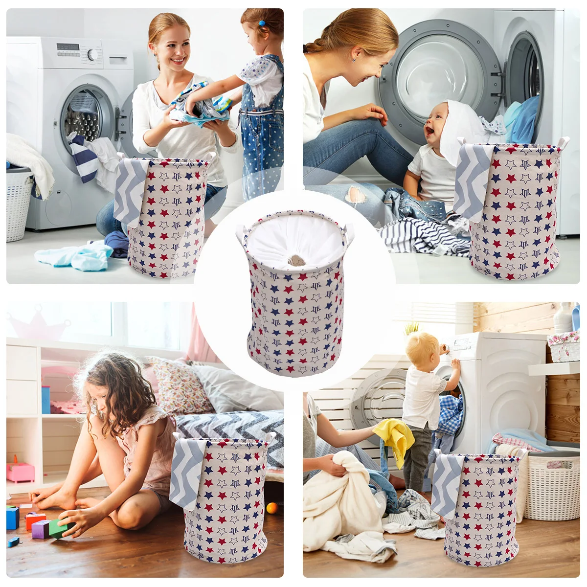 

2Pcs Foldable Storage Basket Double Handle Canvas Laundry Basket Large Capacity Dirty Clothes Hamper Storage Bucket