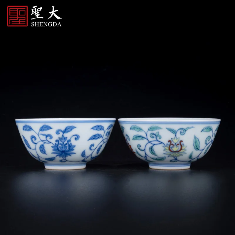 |Yongzheng blue and white fighting color twig Baoxiang pattern master cup Jingdezhen hand-painted high-grade porcelain