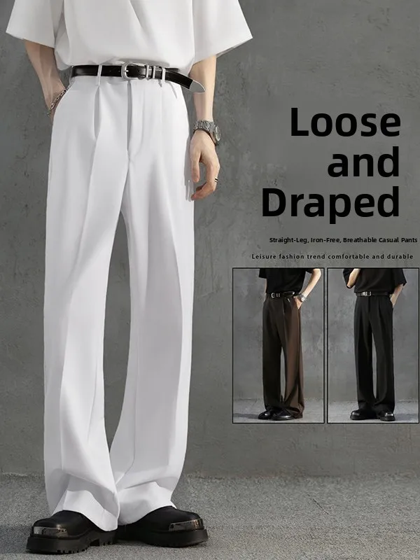

Slimming Straight Leg Bla Trousers for Men Drapey Lightweight Mature Sle Loose Fit Casual Busin Wind Micro Flare Pants