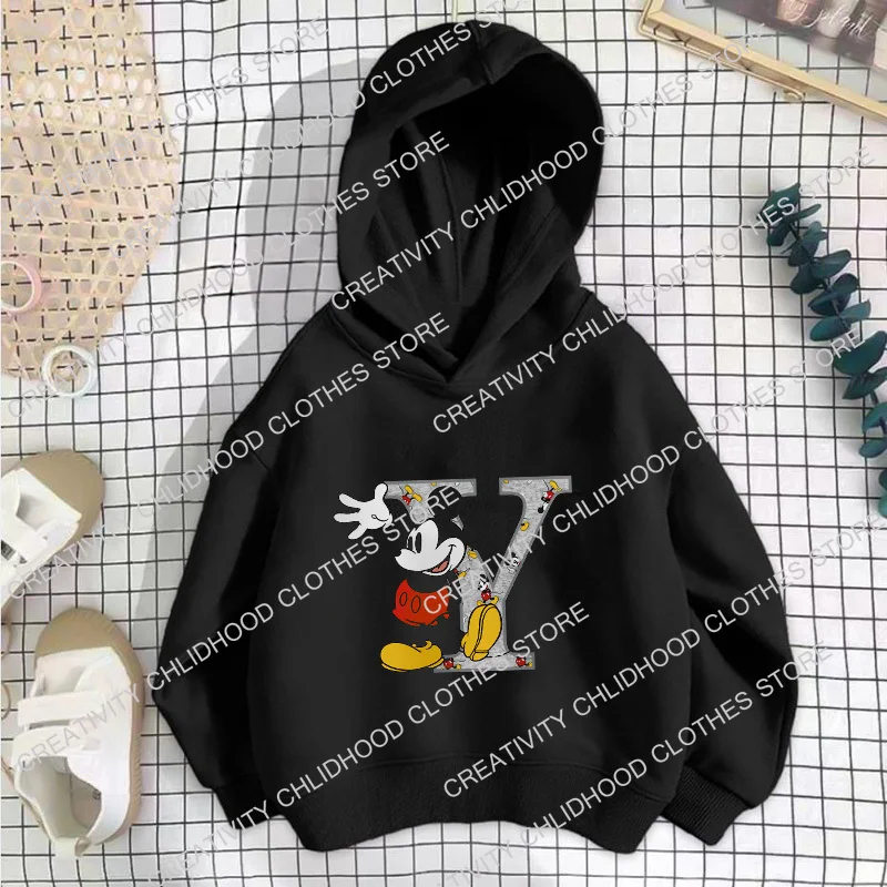 Mickey Children Hoodies Disney Letter A B C D Sweatshirt Kawaii Pullover Anime Manga Cartoons Girls Boy Kids Casual Clothes Tops