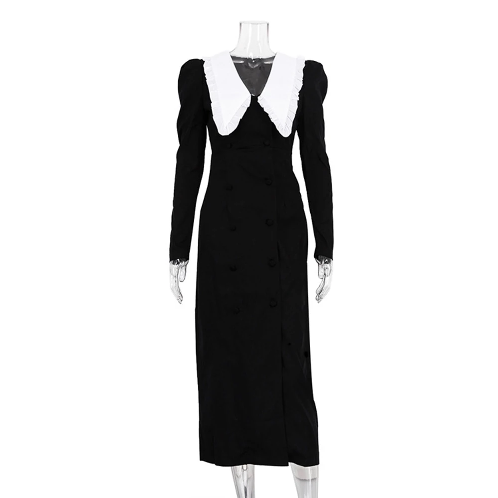 TWOTWINSTYLE Colorblack Elegant Dresses For Women V Neck Long Sleeve High Waist Spliced Buttons Slimming Dress Female Fashion