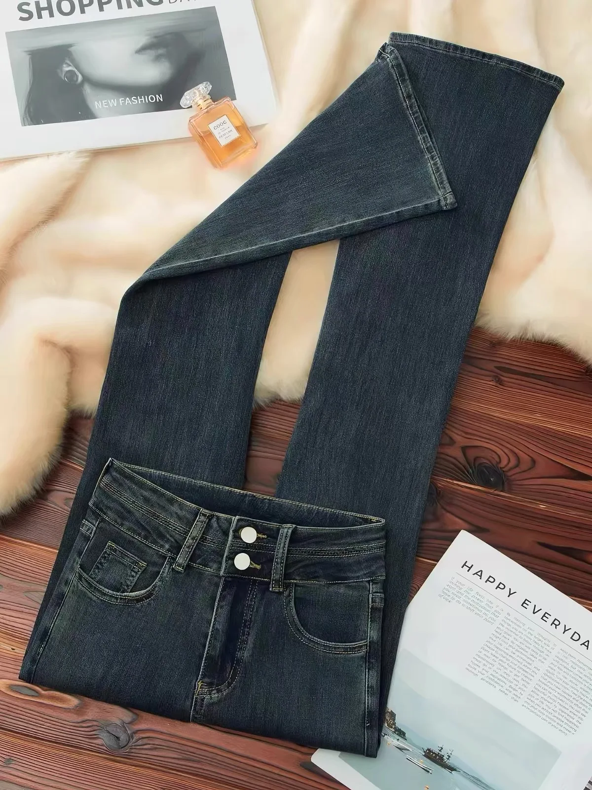 Slim Fit Micro Flared Jeans Women's Autumn Winter New Large Size Short Double Row Button Floor Length Pants Cement Grey