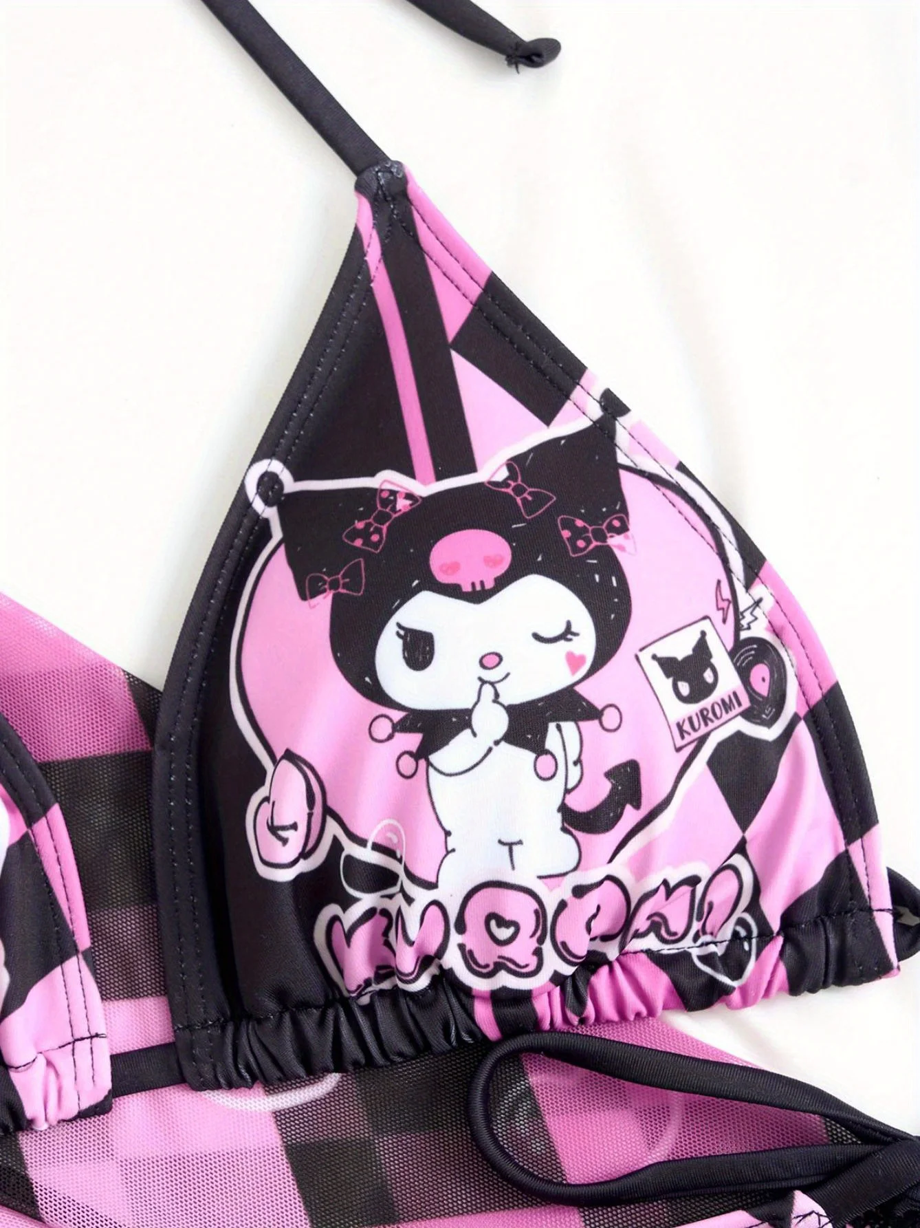 3 pcs/a set Sanrio Kuromi Black & Pink Checkerboard Cute Cartoon Gir Bikini Small Breast Gathers Beach Vacation Style - view 3