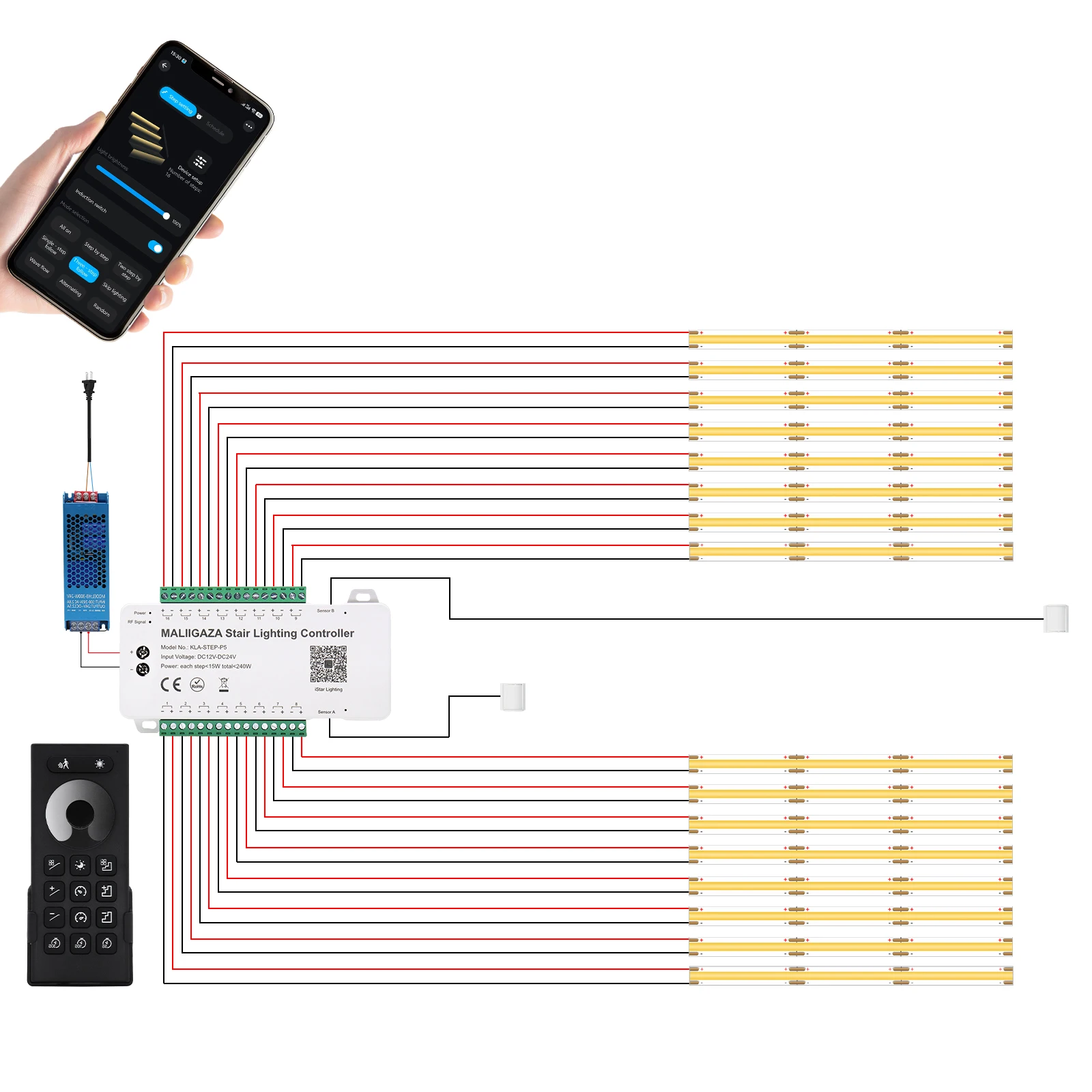 LED Strip Controller Support Smart BT APP Remote Control Stair Light Controller Motion Sensor Dynamic Lighting for Indoor