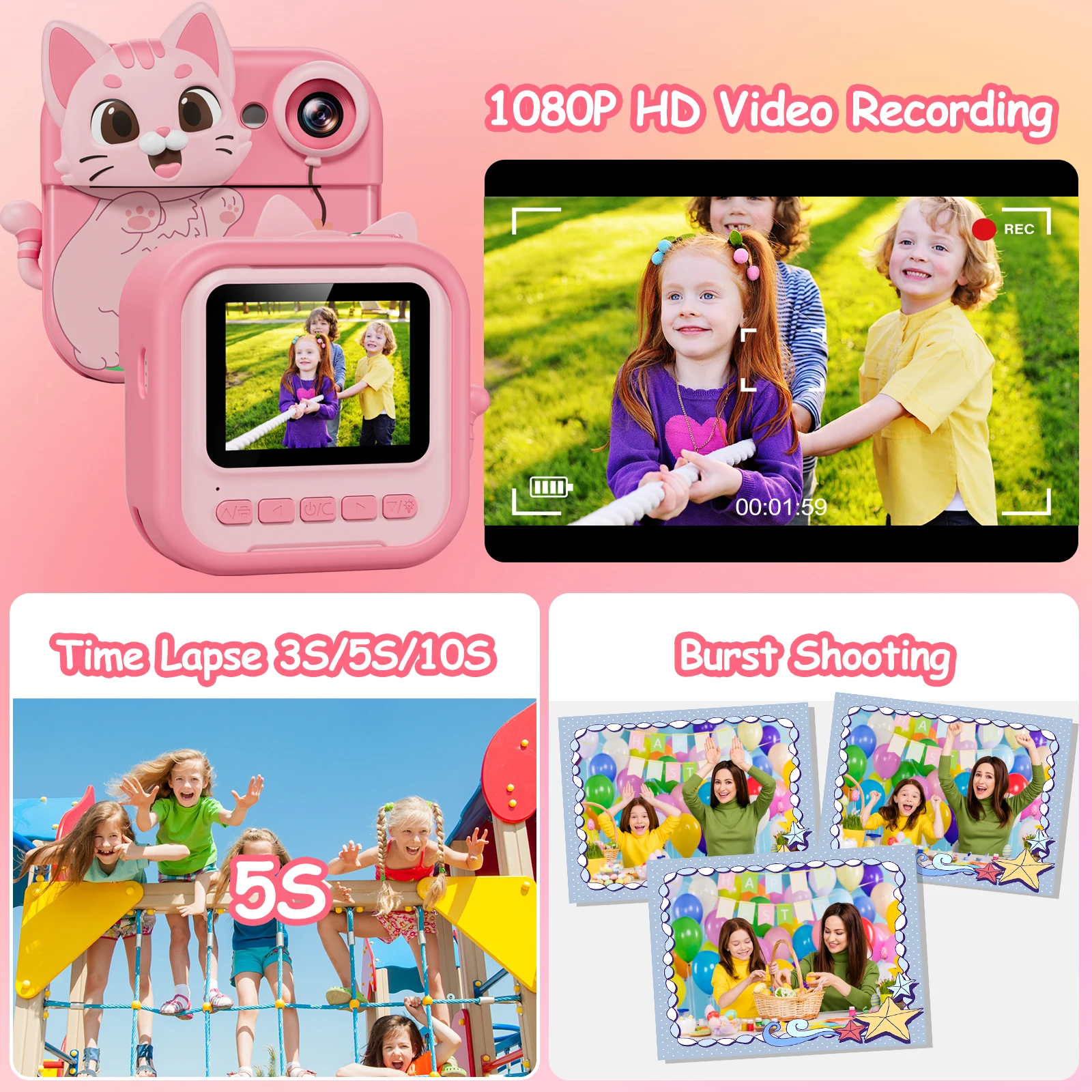 Gofunly 2,4-Zoll-Sofortbildkamera für Kinder, 1080P HD-Digital-Sofortbildkamera mit 32 GB Karte und 5 Farbstiften, Sofortbildkamera für