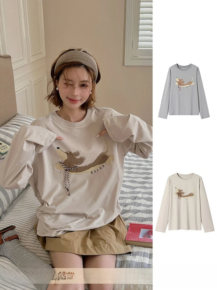 

Брендовая футболка с длинным рукавом и принтом таксы, эластичная, из хлопка, повседневная, свободного кроя, летняя, модная, для женщин