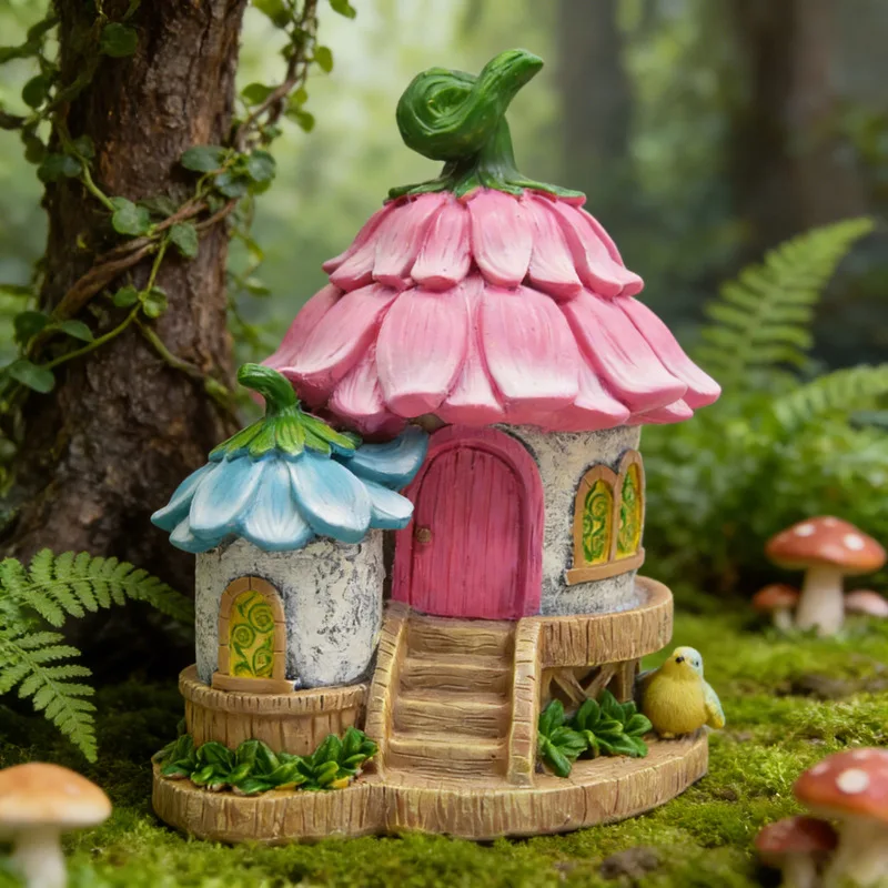 New Pink Petal Fairy House Resin Ornament, Miniature Landscape Decor, Fairy Garden Statue, Home Desktop Yard Patio Decoration, C
