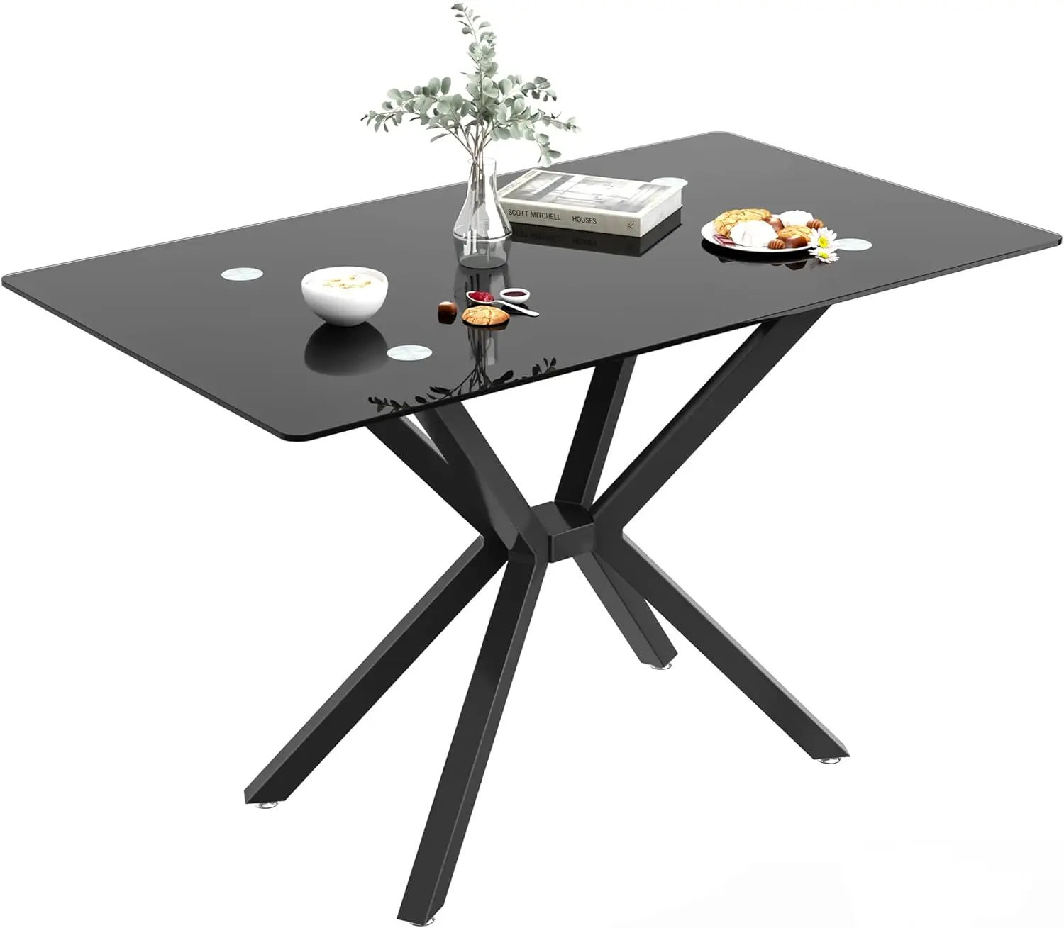 47.24"" Glass Dining Table For 4, Dining Room Table With Black Tempered Glass And Black Metal Legs, Modern Rectangular Kitchen