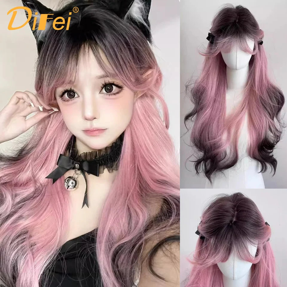 Pink Gradient Black Long Curly Synthetic Wig Fresh And Sweet Everyday Layered Big Waves Gradient Long Curly Hair Wig