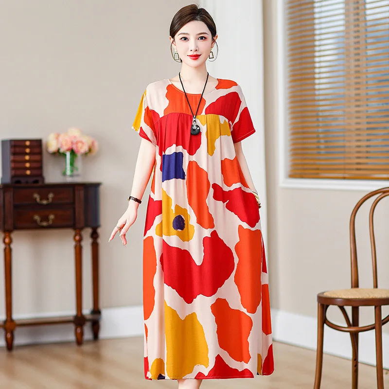 XL-5XL Vintage Printed Middle Aged Mother Night Dress Oversized Short Sleeve Summer Nightgowns Women Cotton Sleep Nightshirt
