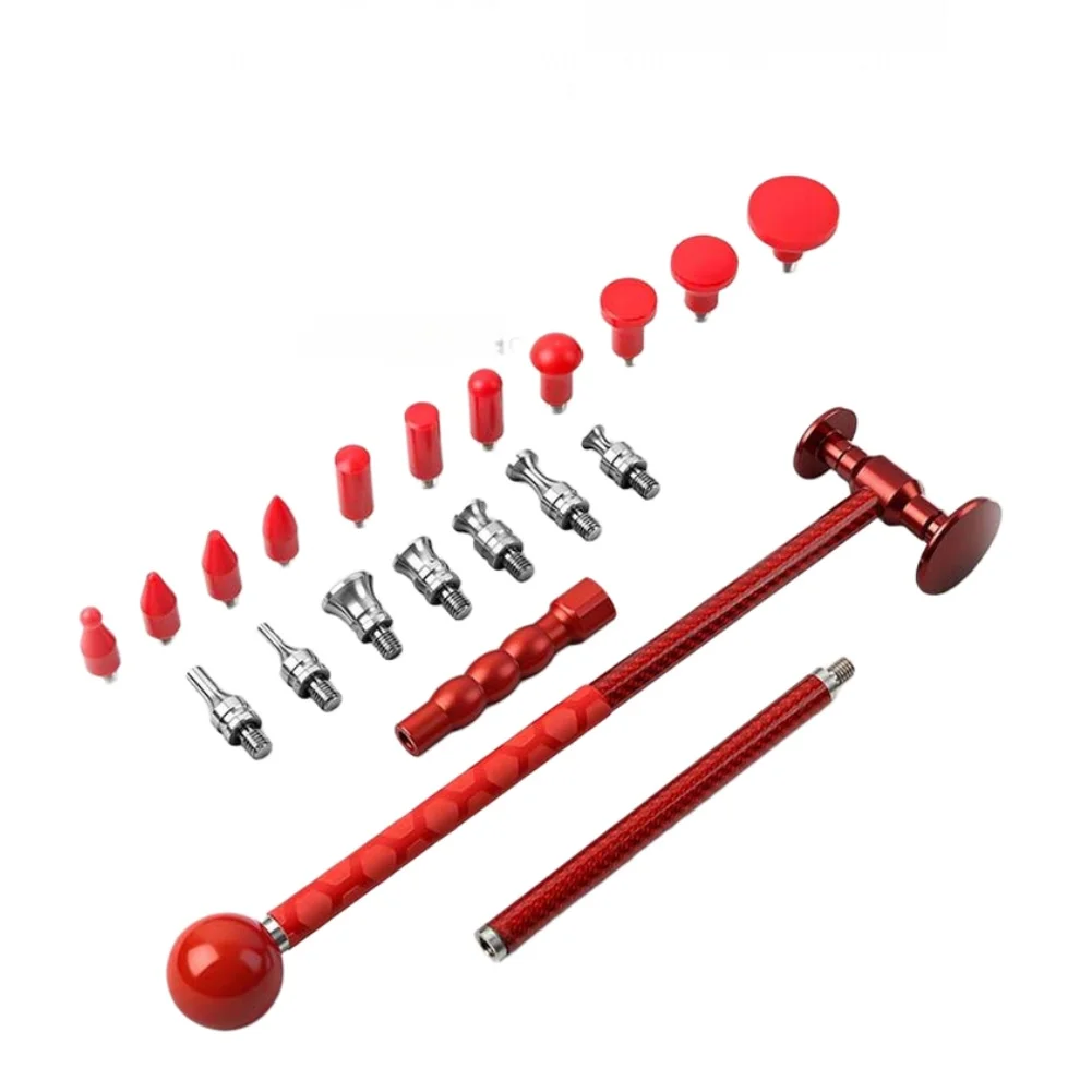 Automotive Paintless Repair Kit with Carbon Fiber Grip and 20 Aluminum Alloy Heads for Dent Correction on Metal Panels
