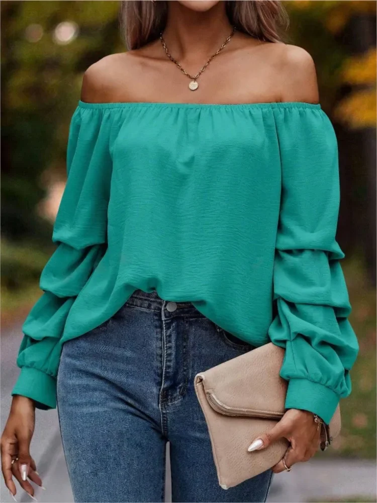 

Sexy Off Shoulder Long Sleeve Solid Color Blouse And Top Women Folding Sleeve Elegant Office Lady Shirt Spring Casual Blouses