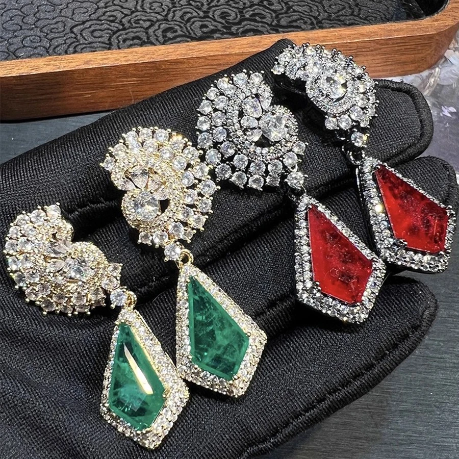 Gold Plated CZ Floral Top Kite Cut Gem Halo Dangle Earrings In Emerald Green Ruby Red Clear White For Women Daily Evening Party