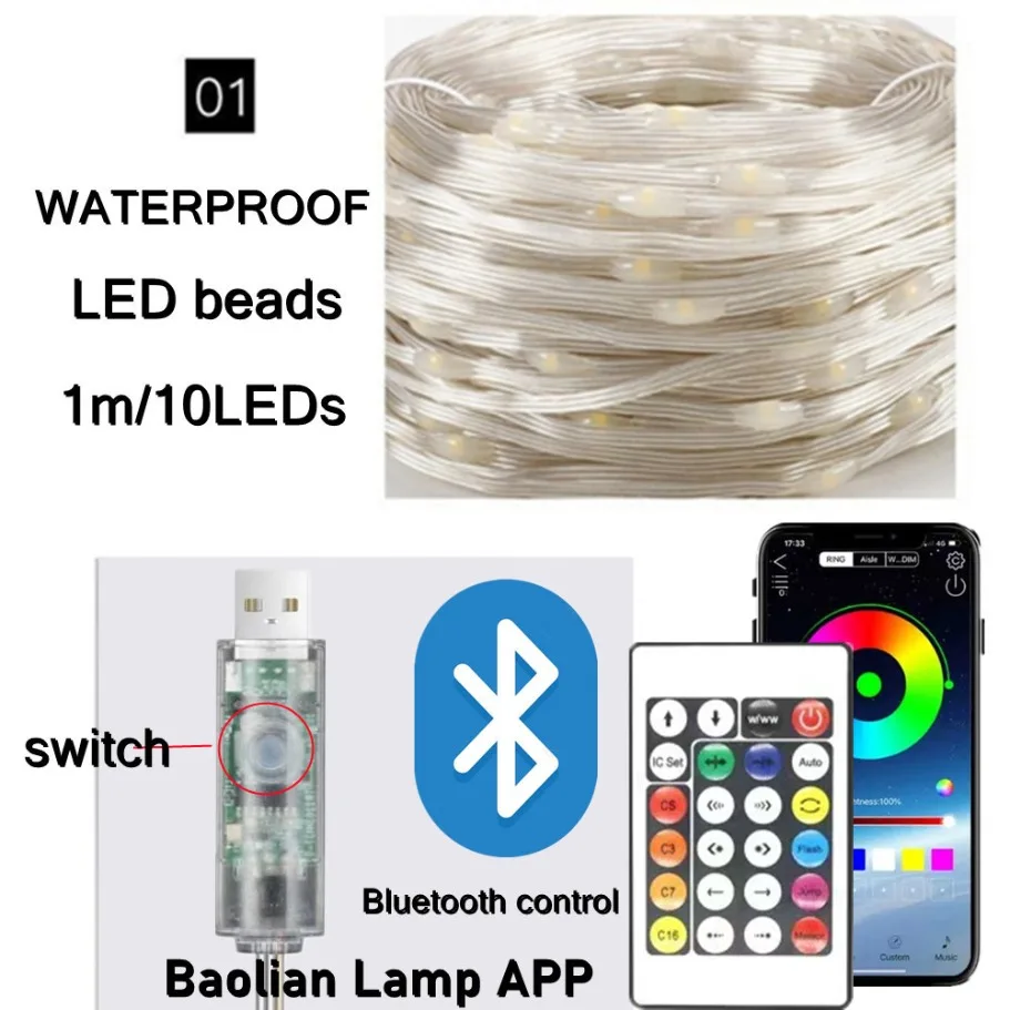 WS2812B LED Light String Smart Bluetooth Remote Control RGBIC Waterproof USB Fairy Lamp DIY Wedding Home Decoration Garland Lamp