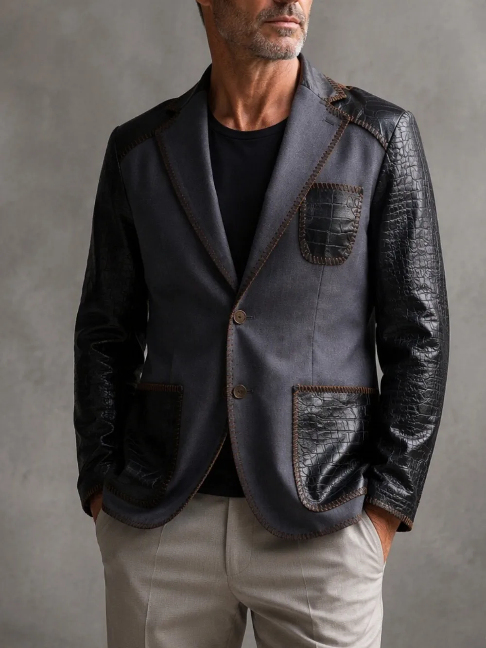 Men's Blazer Black Grey Faux Crocodile Leather Patchwork Slim Fit Single Breasted Party Casual Business Performance Suit Jacket