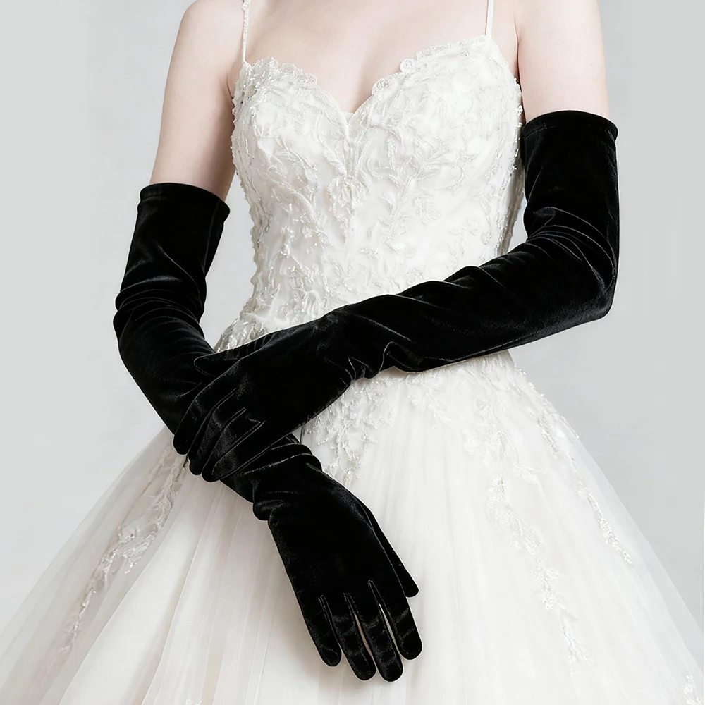 Elegant Velvet  Solid 53cm Long GlovesWomen Fluffy Gloves Full Finger Evening Dress Etiquette Stage Performance Party Gloves