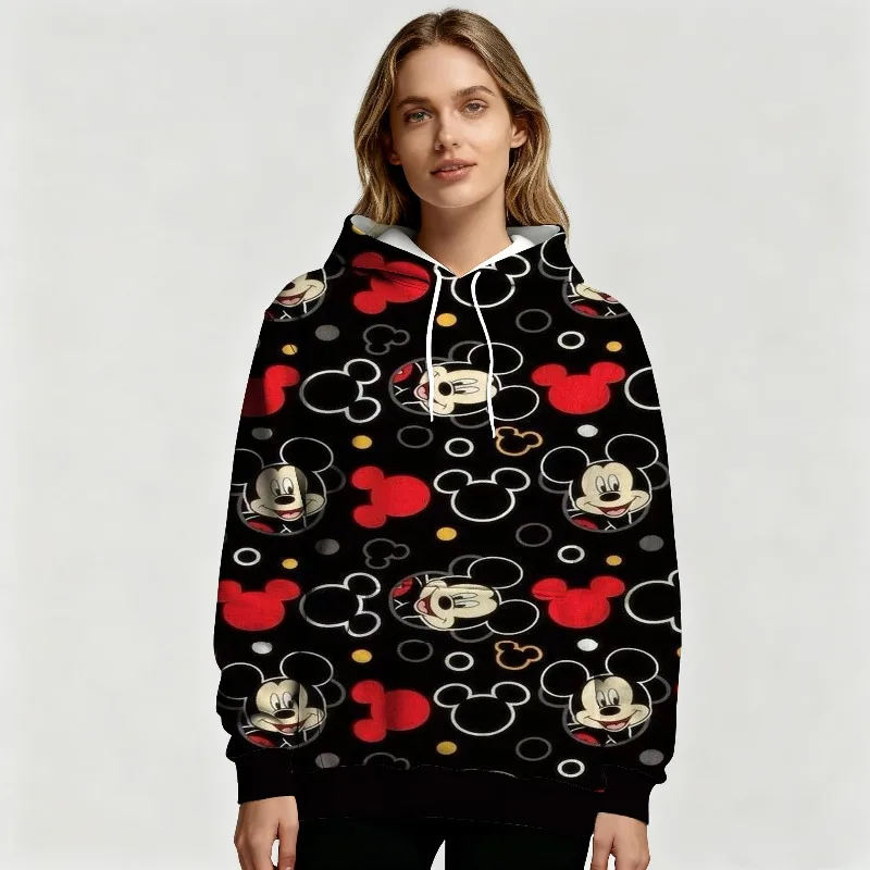เสื้อฮู้ดดี้ลายมิกกี้เมาส์ของดิสนีย์สำหรับผู้หญิง พิมพ์ลายเต็มตัว สีดำและสีขาว ลายป๊อปอาร์ต เสื้อฮู้ดดี้แขนยาวสำหรับฤดูใบไม้ร่วง/ฤดูหนาว แฟชั่นลำลอง