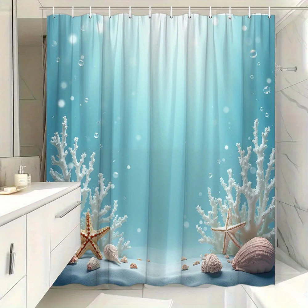 Waterproof Ocean Shower Curtain Bath Curtain Polyester Blue Sea Life Nautical Tropical Coral Underwater Bathroom Decoration Line