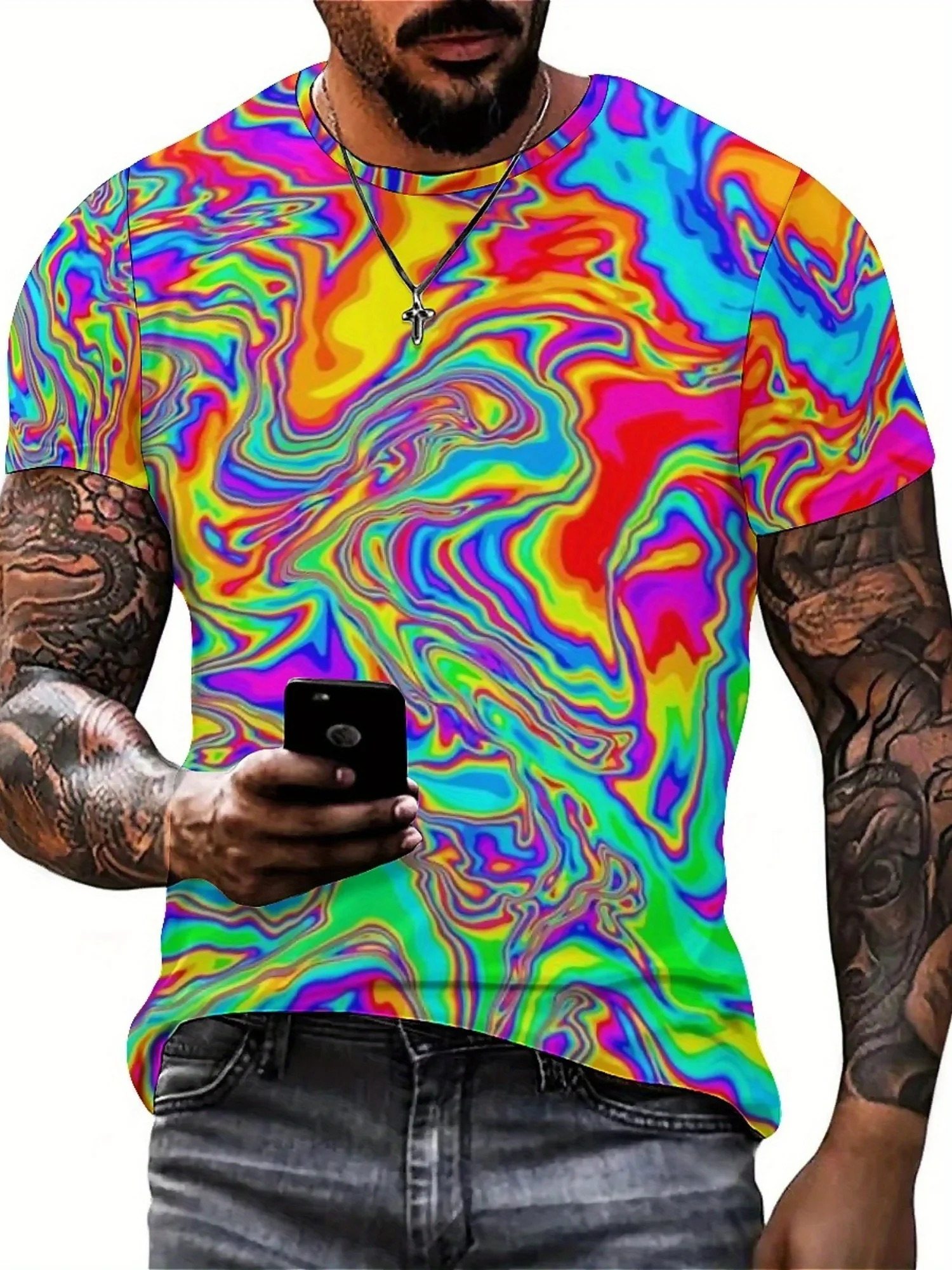 

Men's Vibrant Tie-Dye 3D Print Short Sleeve T-Shirt Fun Punk Style, Lightweight & Breathable Polyester Fabric