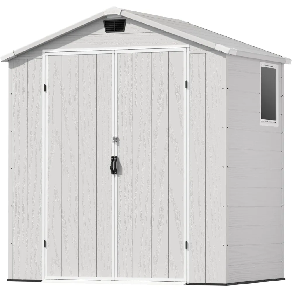 

6X4 outdoor storage shed, plastic tool shed with lockable doors and windows, weather resistant garden shed with flooring