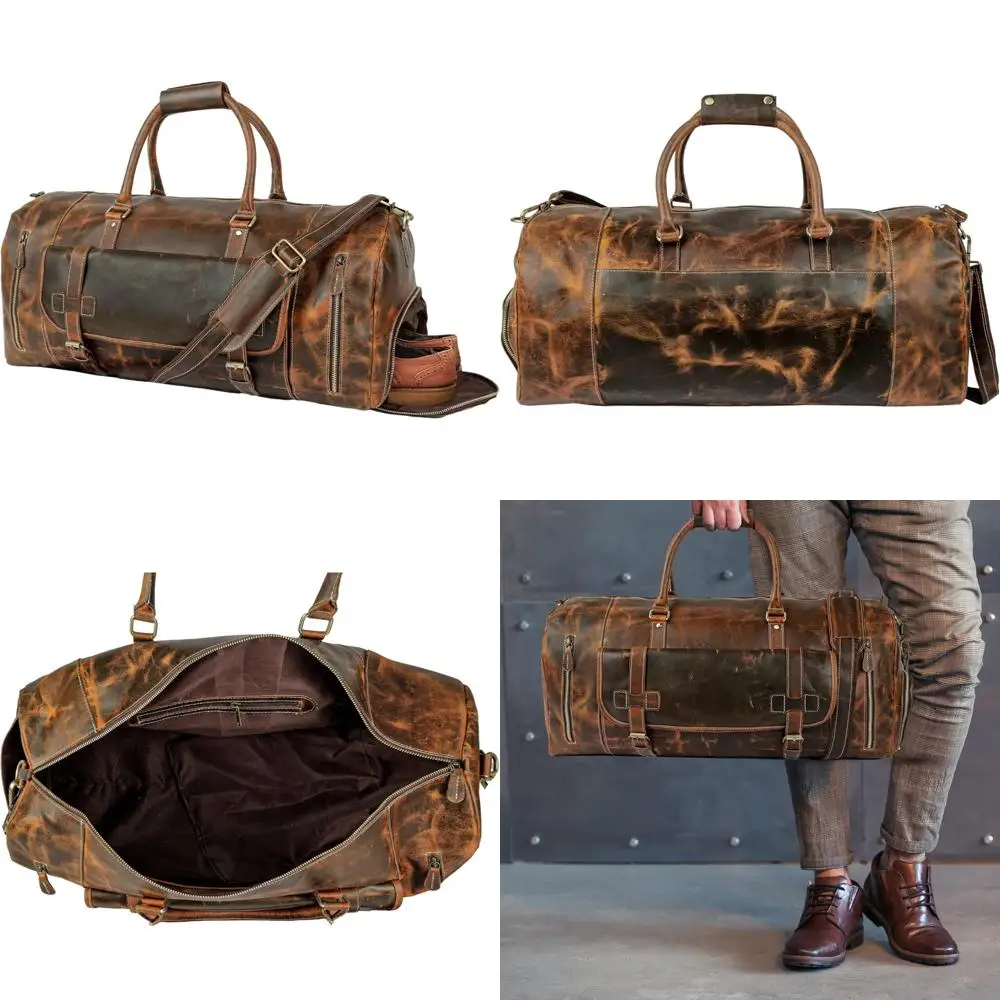 حقيبة سفر جلدية كلاسيكية للرجال مع حقيبة أحذية - احترافية، صالة الألعاب الرياضية، رياضية، غلاف ناعم، طوال الليل، أمتعة عطلة نهاية الأسبوع