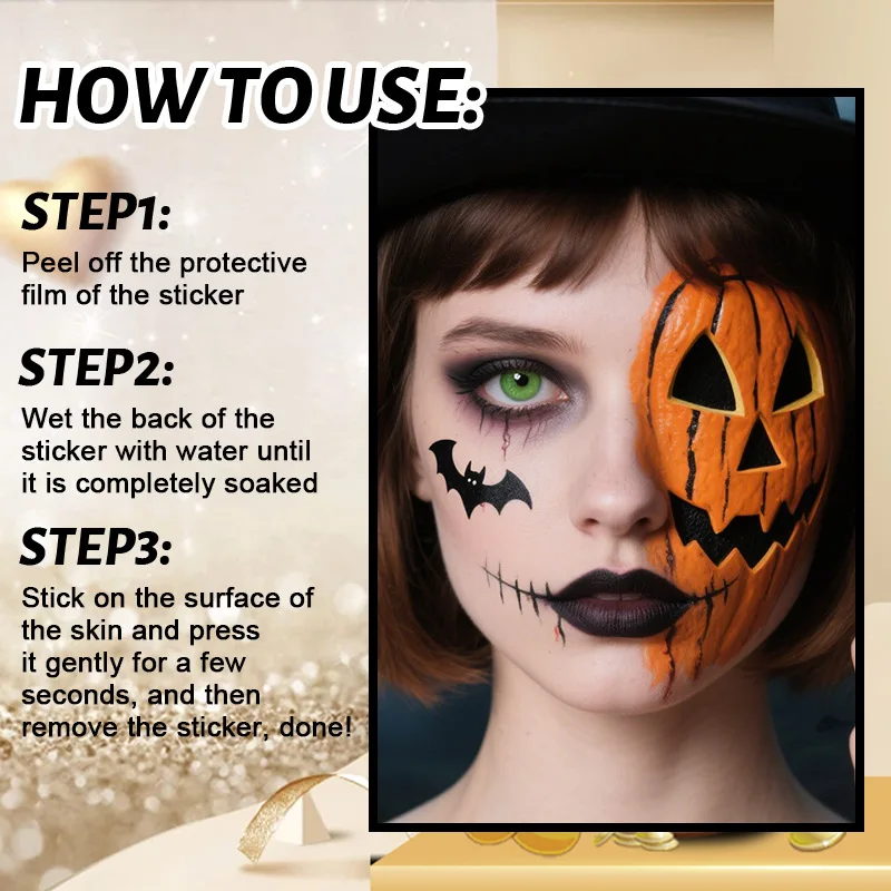 Waterproof Halloween Facial Tattoo Stickers Pumpkin Bat Ghost Freckle Decals Women Party Eye Makeup Stickers