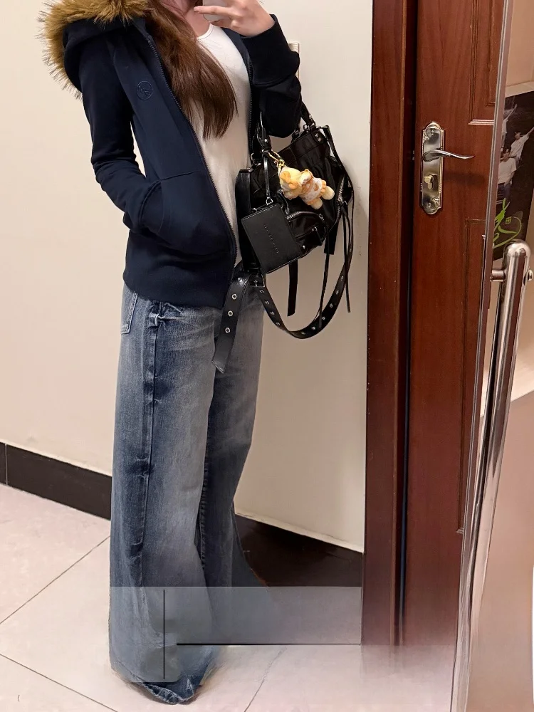 

Широкие брюки с высокой талией в стиле ретро, американские джинсы Sle, женские осенне-зимние светлые свободные посадки с эффектом памяти