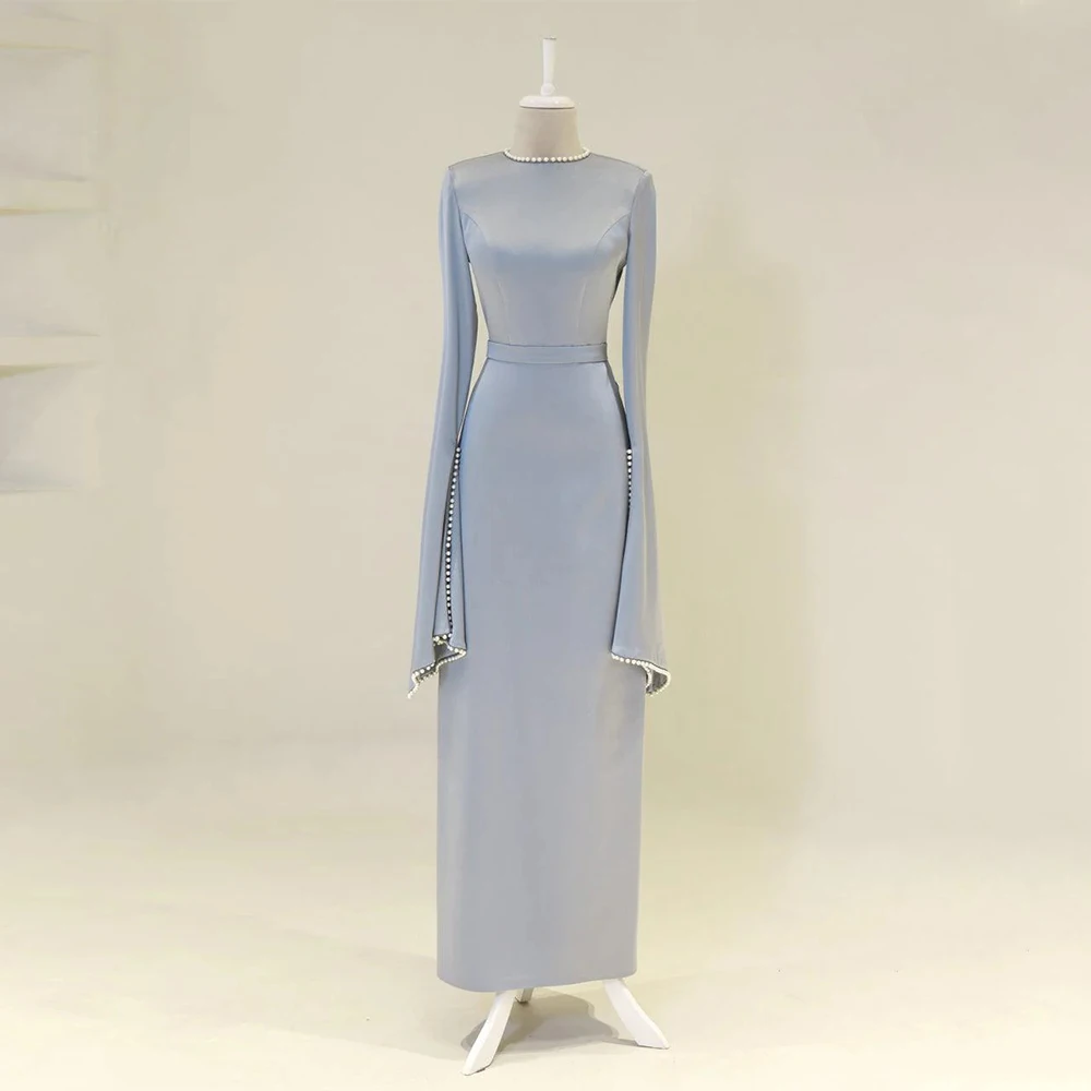 

Светло-голубые вечерние платья для женщин 2025 с жемчугом и круглым вырезом Вечерние платья макси с длинными рукавами и разрезом сзади Свадебное платье для гостей