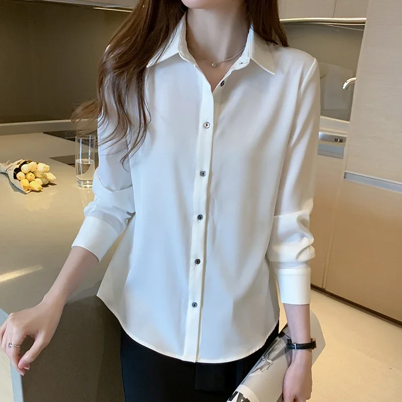 Satin Women Shirt 2024 OL Fashion Long Sleeve Blouse Woman Casual Shirts White Shirt Womens Tops Solid Basic Shirts and Blouses