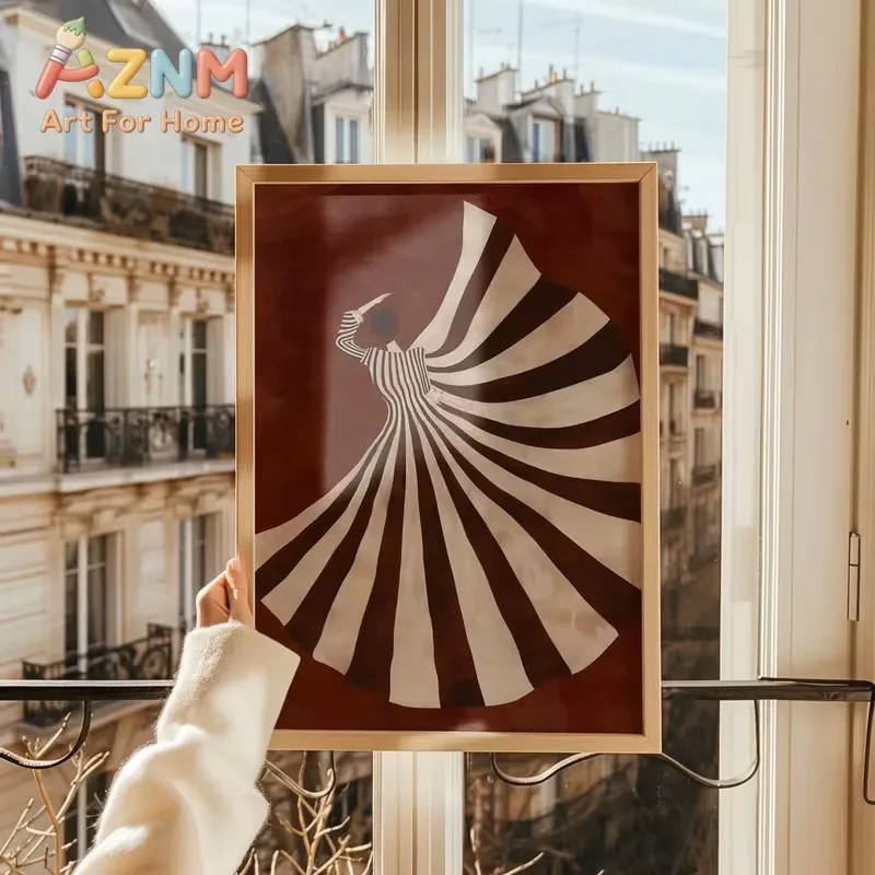 Retro Poster, Abstract Female, Bold Red Art Print, Simple Striped Dress, Canvas Painting, Living Room Home Decoration