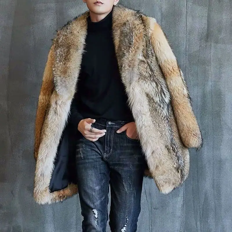 Abrigo largo de piel de lobo para hombre, ropa de invierno, abrigo de visón, tendencia guapo, holgado, mantiene el calor, disfraces de escenario para cantantes masculinos, nuevo