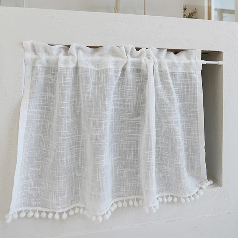 Pompom Linen Textured Sheer Curtains for Living Room Decorative Natural Window Curtain Draperies for Bedroom Slub Textured Voile