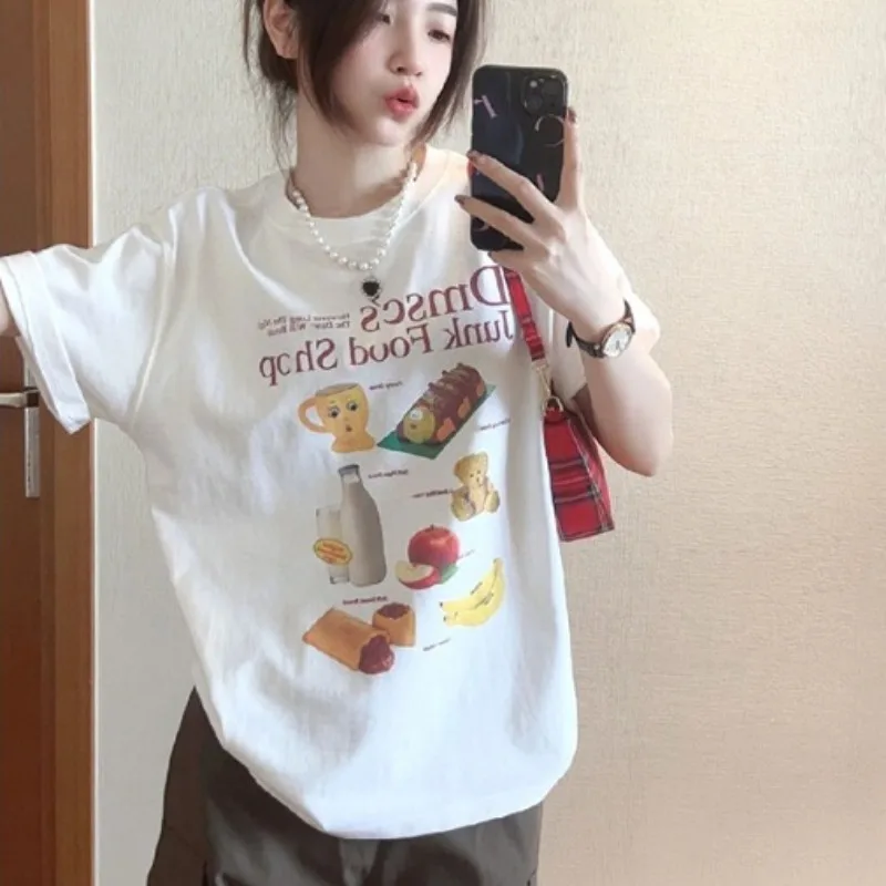 

Fun Graffiti Cartoon Print Short Sleeved T-shirt White Women's Summer Loose Round Neck Casual Top with A Sense of Niche Design