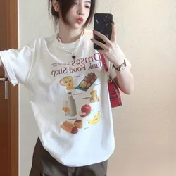 Fun Graffiti Cartoon Print Short Sleeved T-shirt White Women's Summer Loose Round Neck Casual Top with A Sense of Niche Design