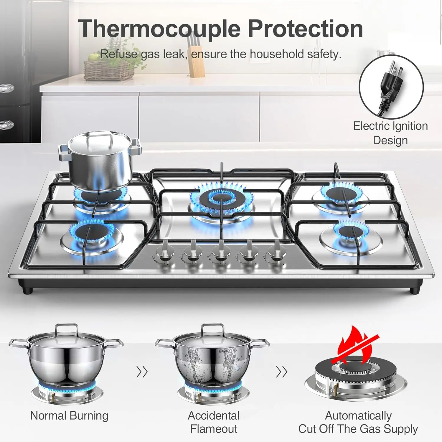 Stove Top Stainless Steel, Built-in Gas Propane Cooktops with Thermocouple Protection, NG/LPG Convertible, Electronic Ignition G