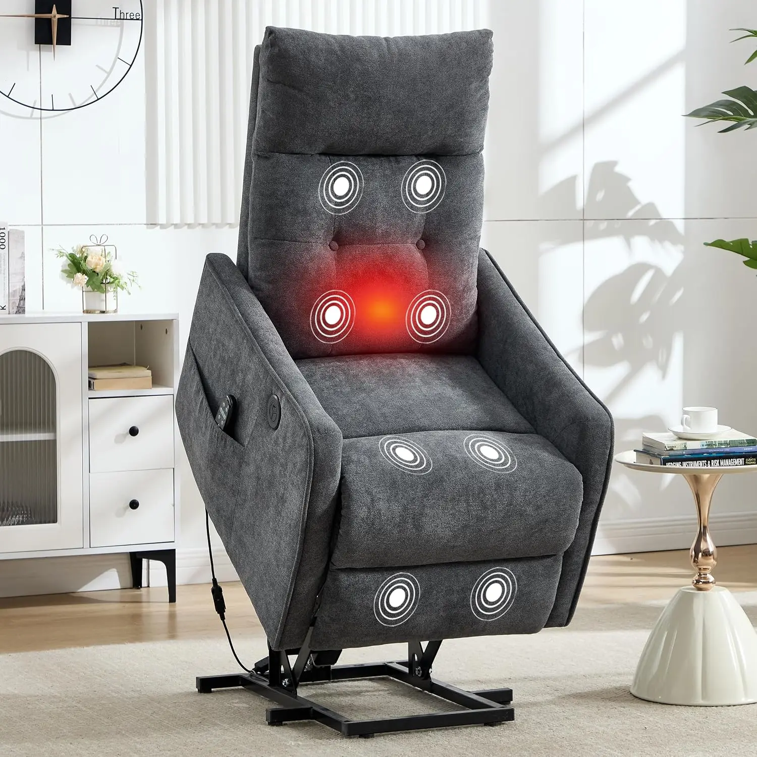 Petite Lift Recliner with Massage & Heat, Small Chair with Pocket, Infinite Position, Dark Gray Polyester, Customized