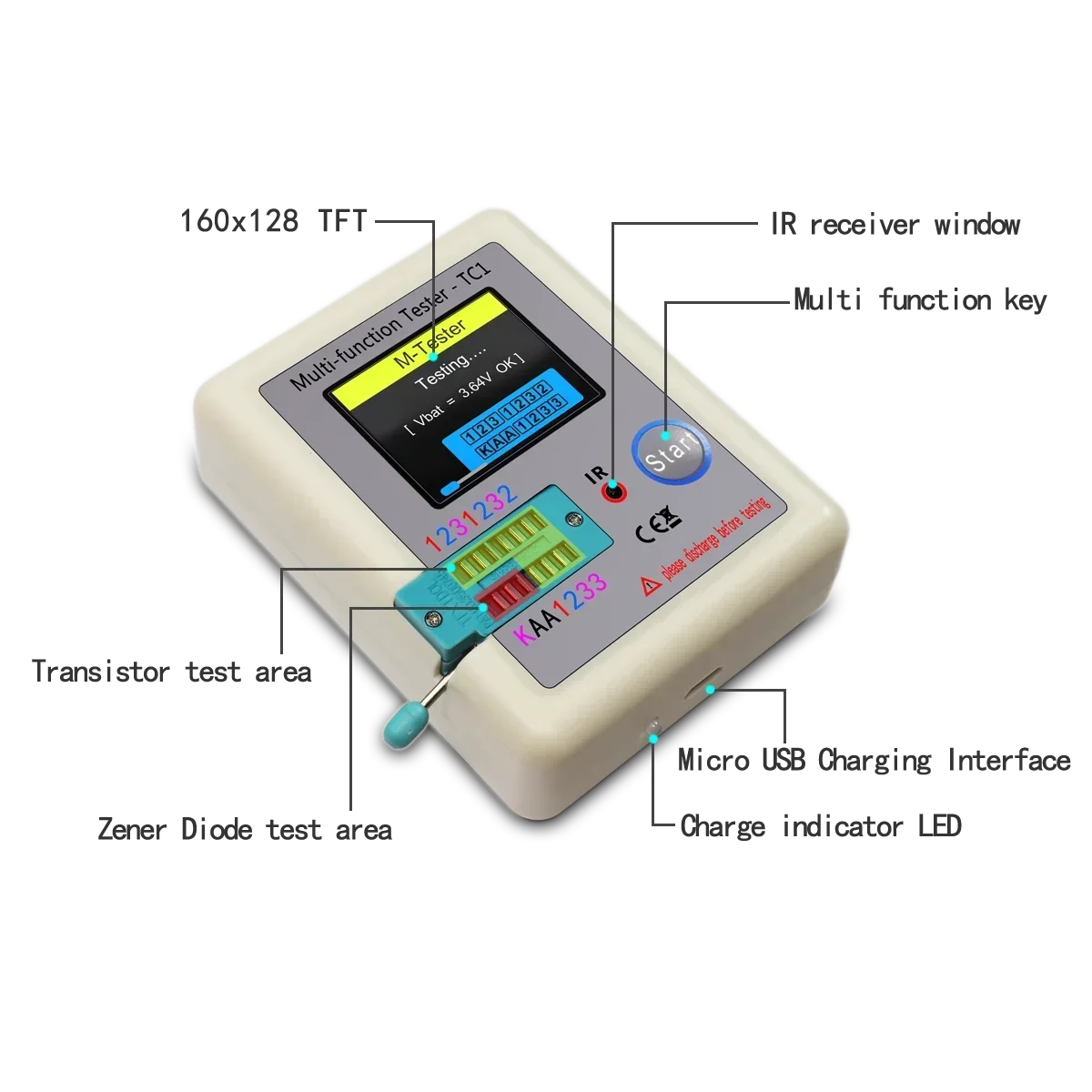 LCR TC1 1,8 "TFT LCD-scherm Multimeter Transistor Tester Diode Triode Condensator Weerstand Testmeter MOSFET NPN PNP Triac MOS