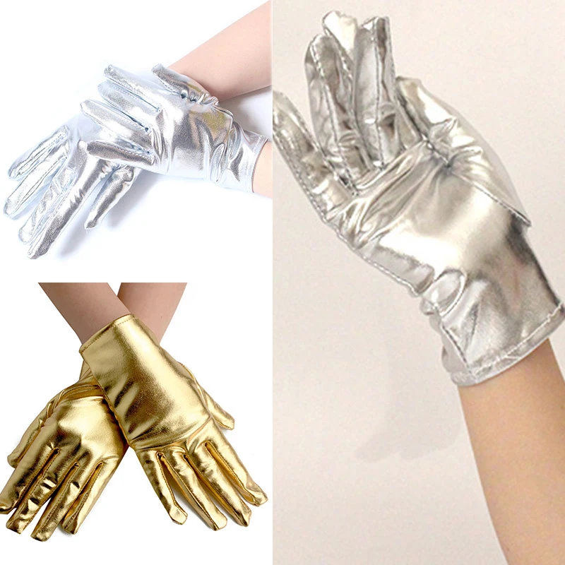 Guantes de charol dorados/plateados para hombre y mujer, guantes cortos de etiqueta, guantes metálicos, manoplas de rendimiento para fiesta de baile